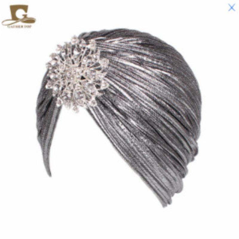Noble gold pleated Indian hat headscarf hat with gold brooch accessories TJMG warm