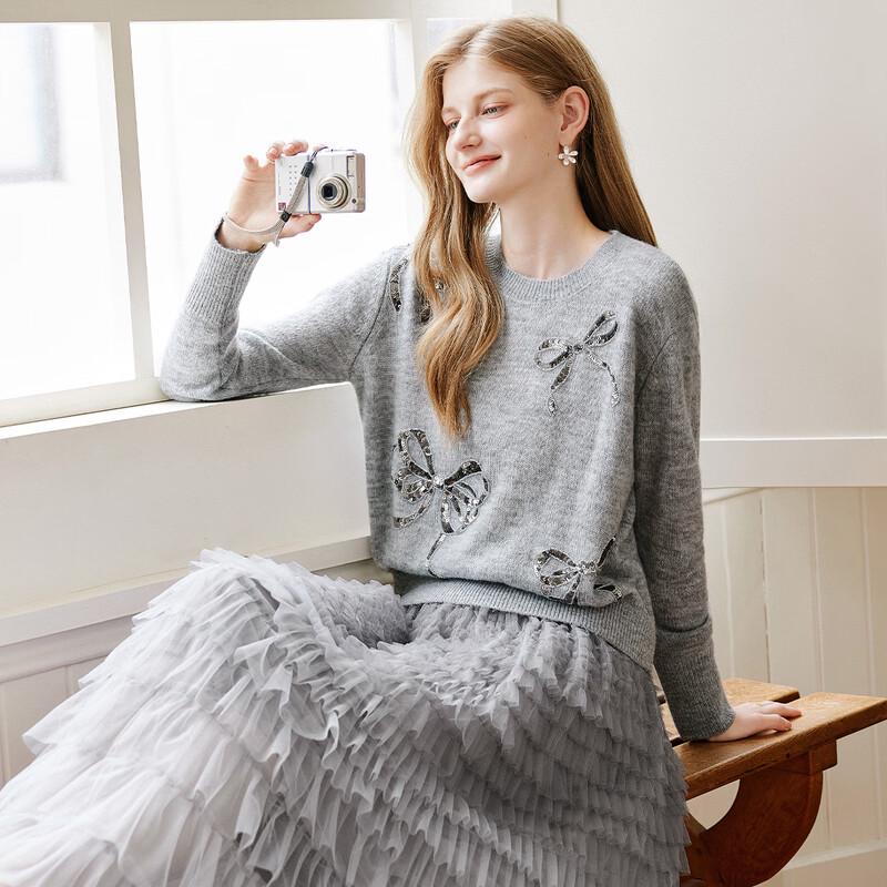 Women's Bowknot Sequin Drop Shoulder Knit Sweater