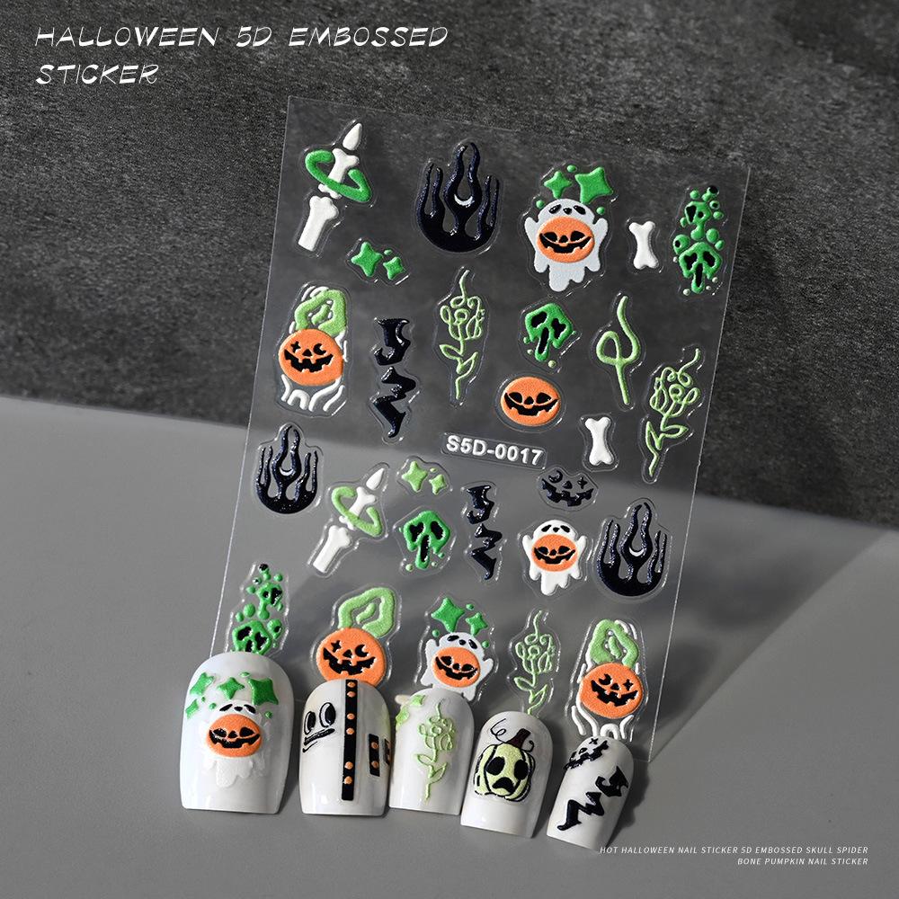 Halloween Nail Art Sticker 5D Relief Skull Pumpkin Funny Nail Sticker Three-Dimensional Relief