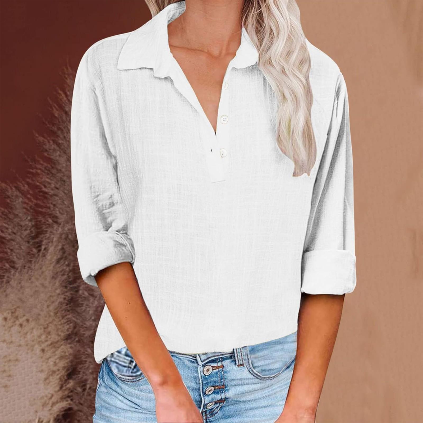 

Жіноча осіння вільна повсякденна сорочка з довгим рукавом і ґудзиком наполовину без кишень XL білий