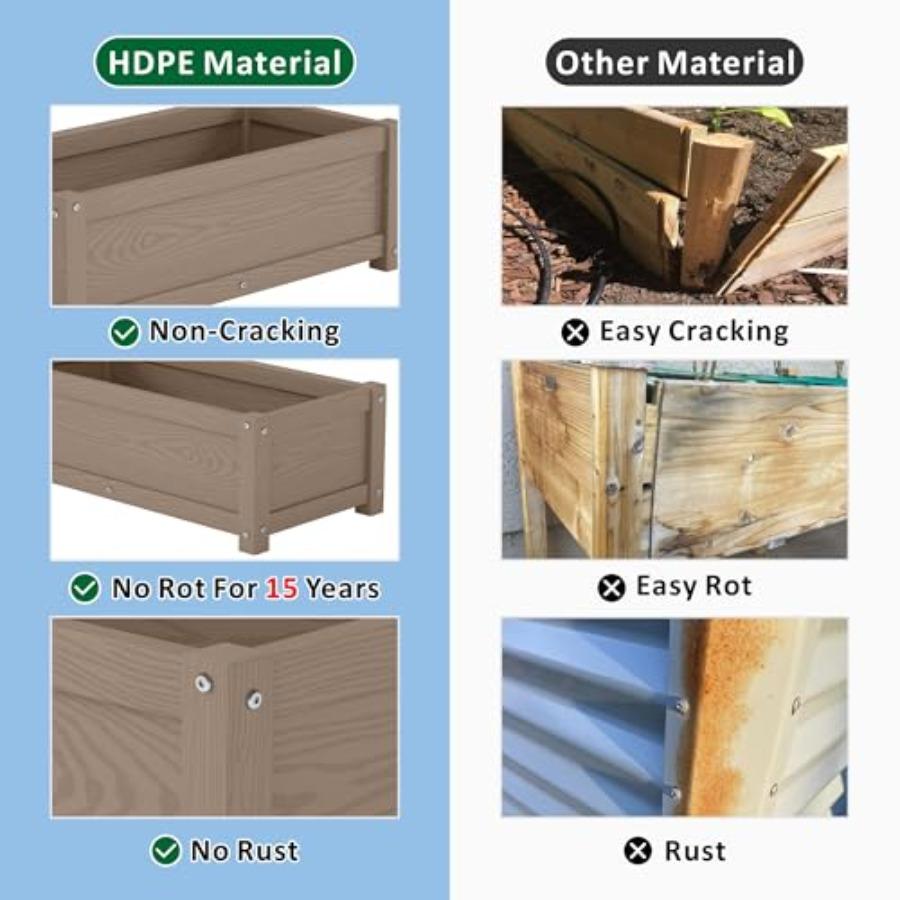 HDPE Raised Planter Box Outdoor Rot-Resistant and Non-Cracking Rectangle Planter 29.5 14.4 9.8 In Brown with Drainage Holes for