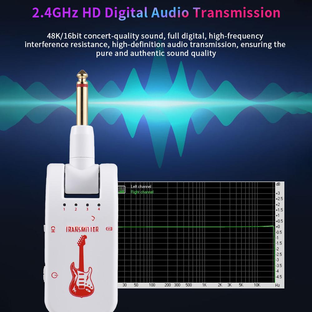 White 2.4G Wireless Guitar System Rechargeable Transmitter Receiver Set for Electric Guitar Bass Plug and Play 48K 16bit