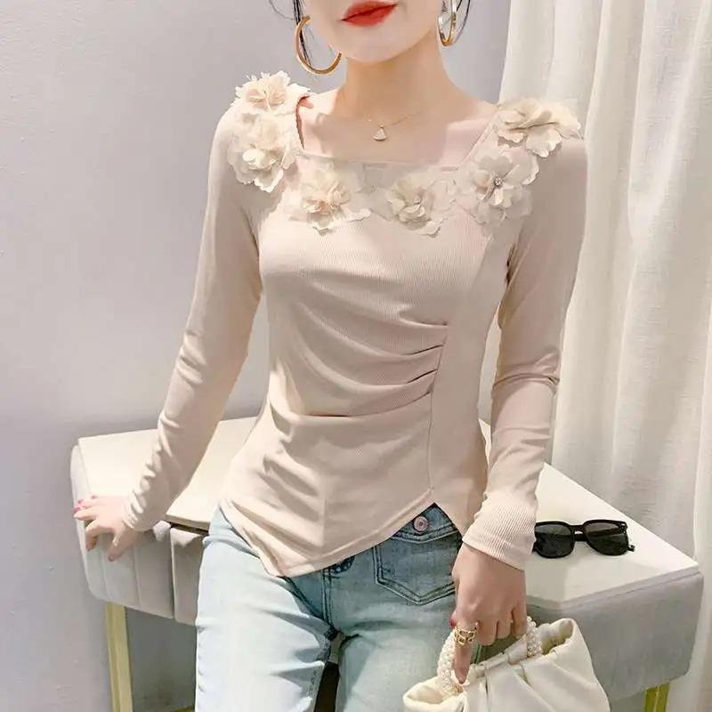 Women's Navy Blue Long Sleeve Top Square Neck 3D Flower Decor Slim Fit Ruched Blouse