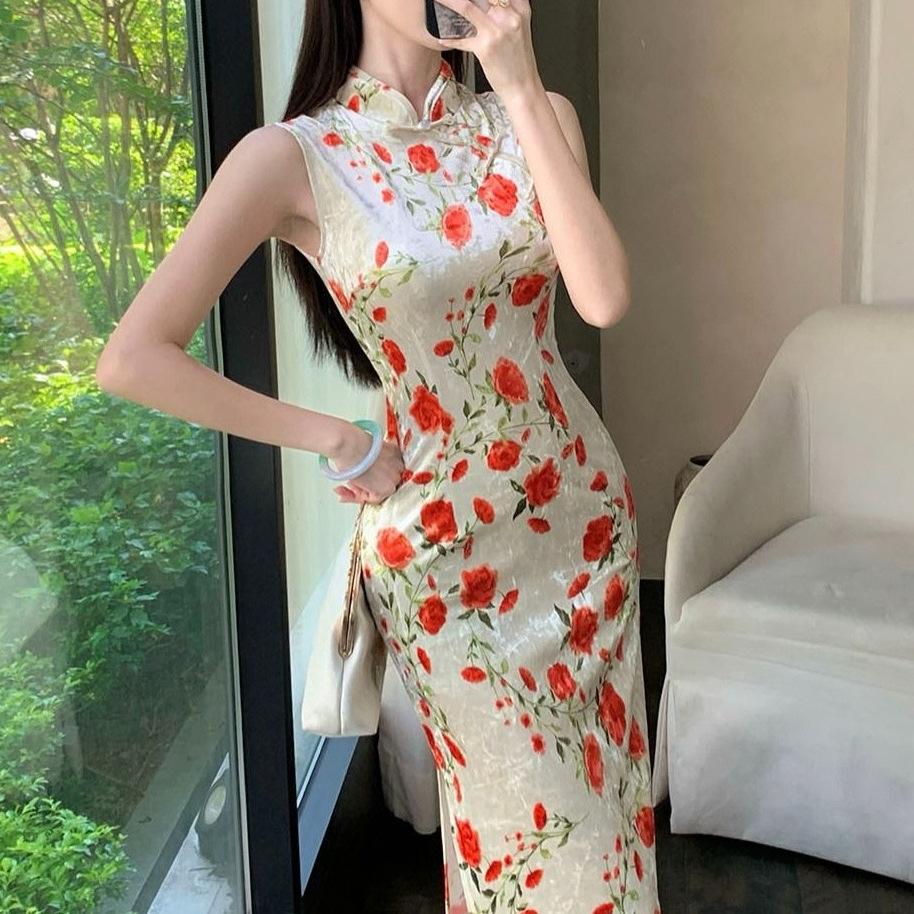 New Chinese retro style printed disc buckle improved cheongsam dress women's summer high-end waist-wrapped hip slit dress