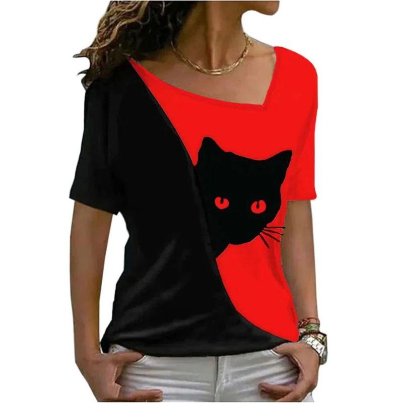 Diagonal Collar Black Cat Printed T-shirt Diagonal Collar Black Cat Print T-shirt