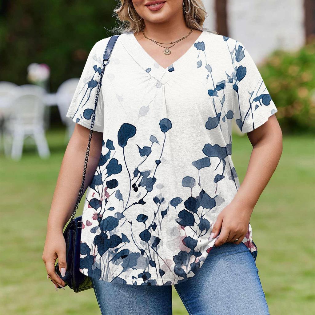 Women's Plus Size Fashionable Casual Loose-Fit Short Sleeve Elegant V Neck Blouse For Work