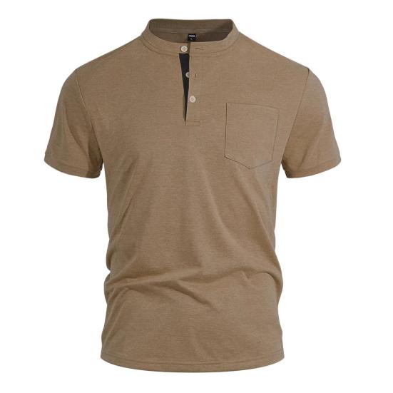 Men Quarter Button T-Shirt Solid Color Short Sleeve Band Collar Summer Tee Loose Fit Tee Shirt with Chest Pocket for Street Holiday Beach