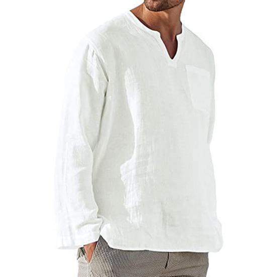 Spring Autumn Men Shirt Solid Color Loose Pocket Top Beach Shirt for Daily Wear