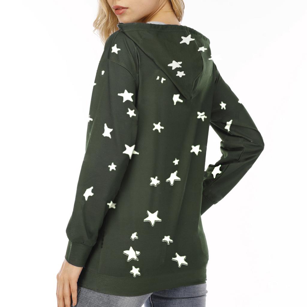 Women Fashion Hooded Star Print Patchwork Long Sleeves Tops Blouse Sweatshirt