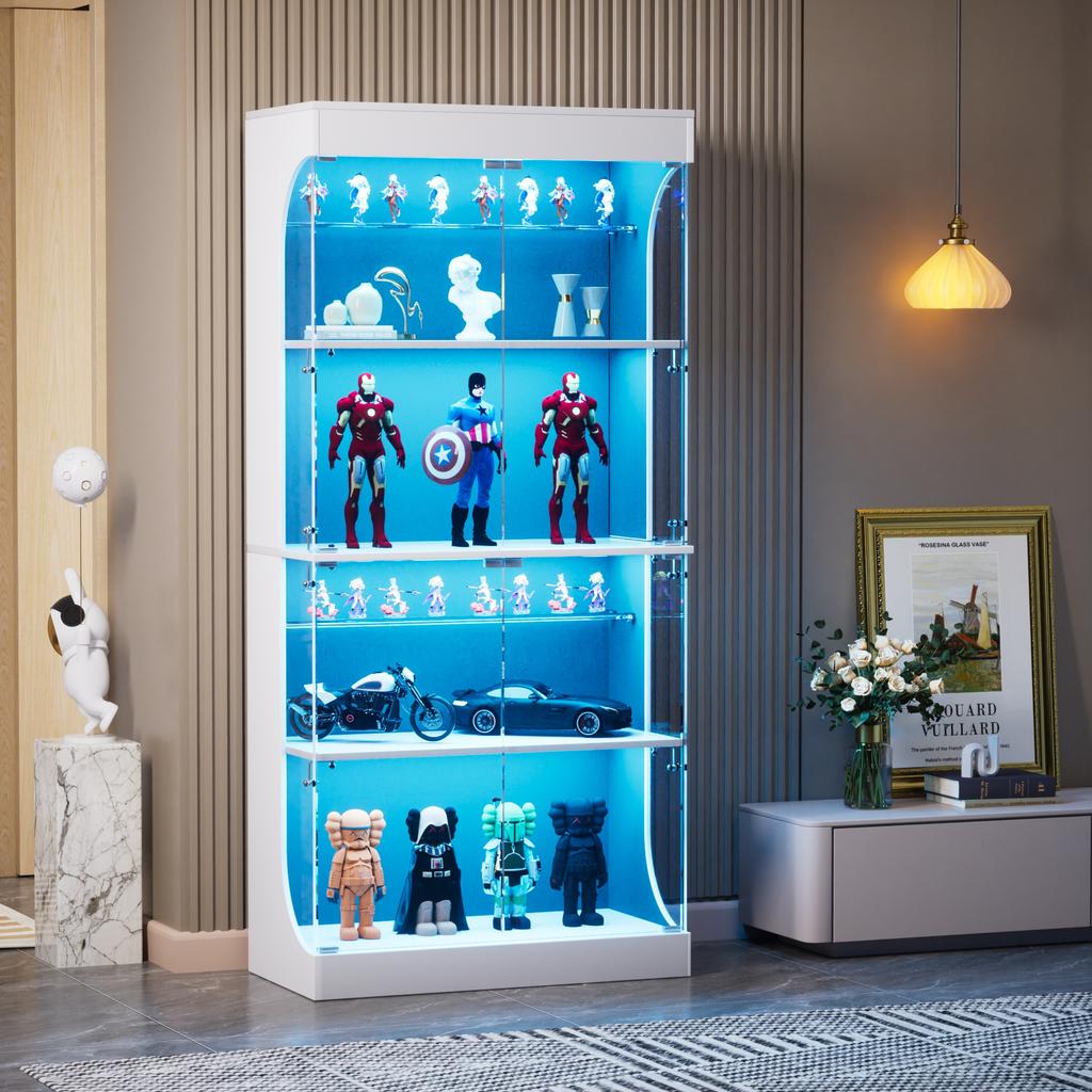 Four-tier glass display cabinet, storage, LED lighting, glass doors, smart sensors, dustproof, for living room, bedroom, offices. White. 80*35*165cm