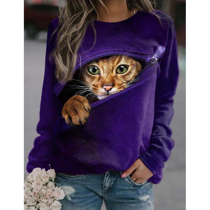 Höst 3D Katt Tryckta Sweatshirts Trendiga Casual Sport Långärmade Dam Sweatshirts