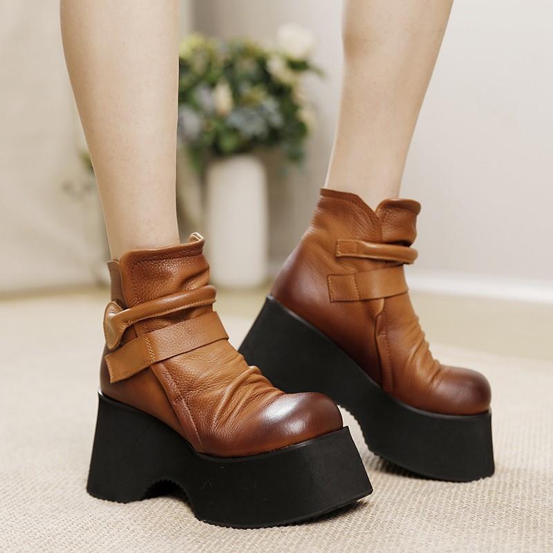 Johnature Genuine Leather Thick Sole Shoes Women Retro Round Toe Solid Color Platform Short Boots
