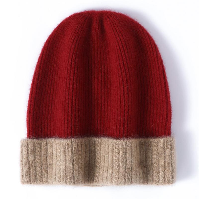 Unisex 100% Cashmere Color Block Knit Hat with Ear Protection