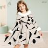 Girls High Neck Long Sleeve Blue White Printed A Line Flared Dress With Fur Trim And Bow