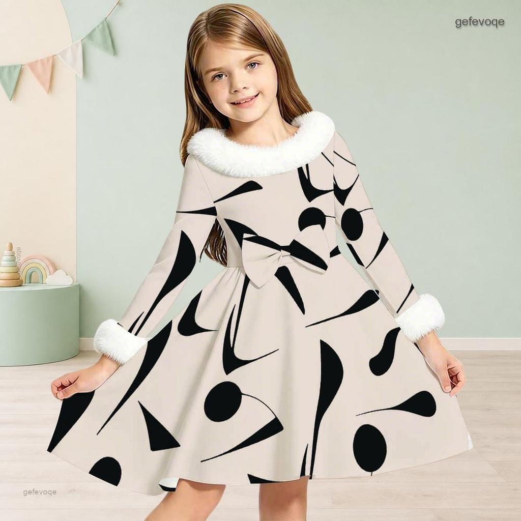 Girls High Neck Long Sleeve Blue White Printed A Line Flared Dress With Fur Trim And Bow