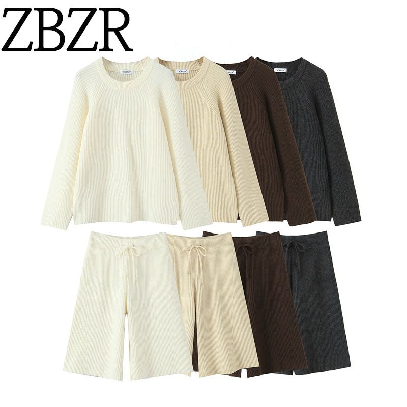 Zbzr New Fall Women's Clothing Fashion Style Loose Round Neck Long Sleeves Knitted Pullover Sweater + Knitted Middle Pants Suit