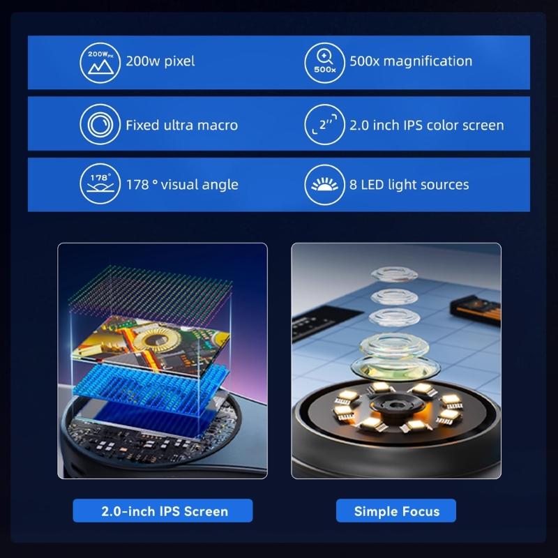 Handheld Digital Microscope 2MP Camera 500X Magnification 2Inch IPS Screen 8 Adjustable LED Light For Jewelry Stamps Inspection