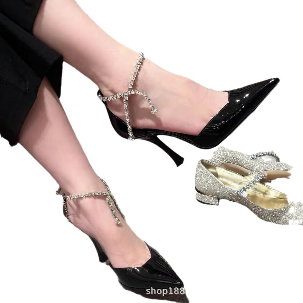 2025 new spring design sense niche central control pointed high heels women's thin heel rhinestone chain bag head sandals