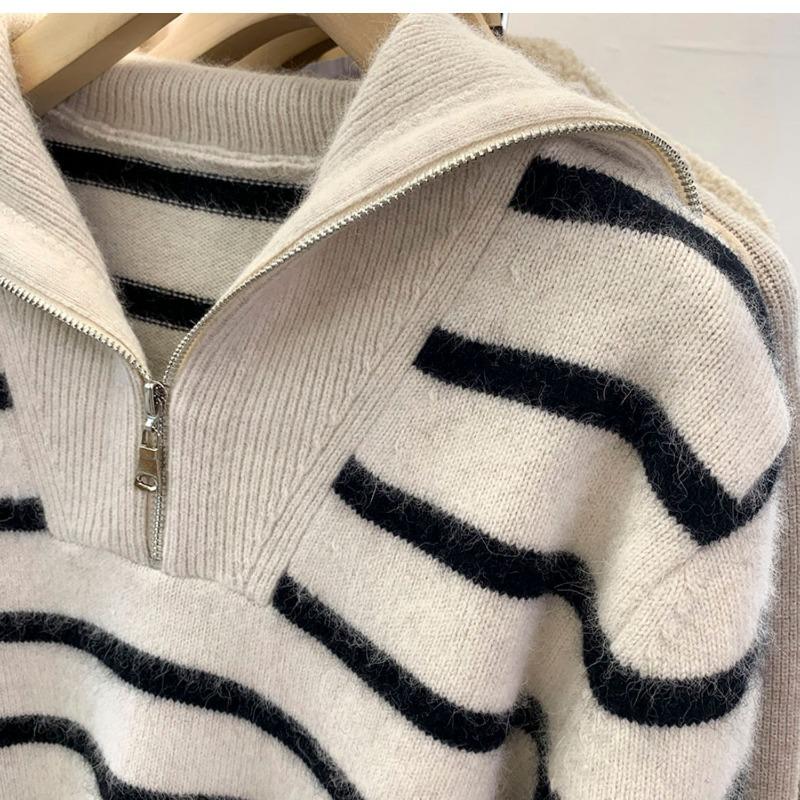 Zipper Striped Sweater Women's Autumn and Winter Wear Lazy Style Design Sense Niche Knitted Sweater Top Thickened