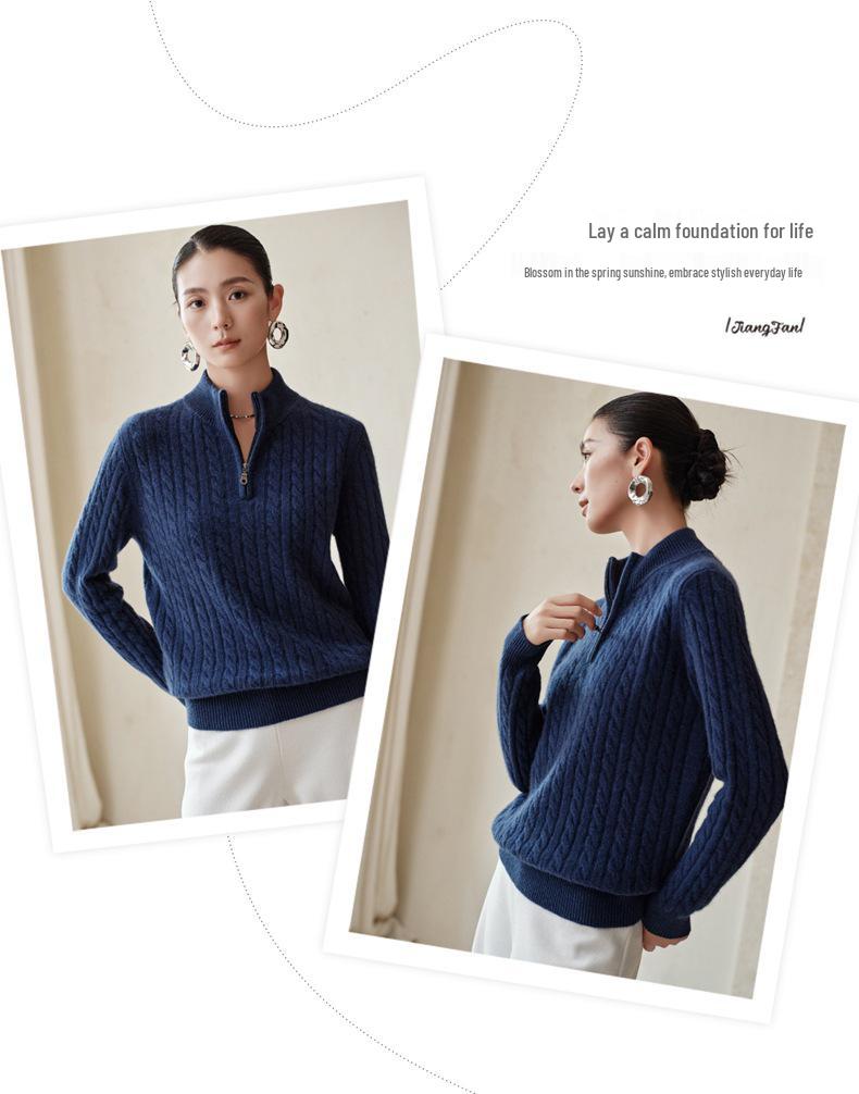Women's 100% Pure Cashmere Half-Zip Cable Knit Sweater, Versatile & Casual