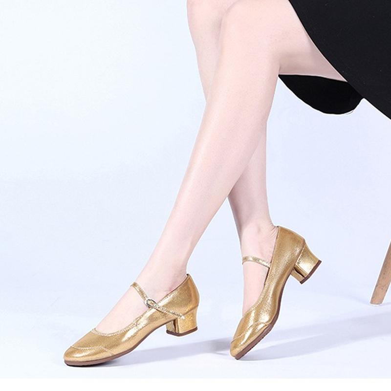 Size 34-42 Ladies' PU Modern Dance Shoes Gold Close Toe Beginner Latin Low Heeled Mary Jane Shoes