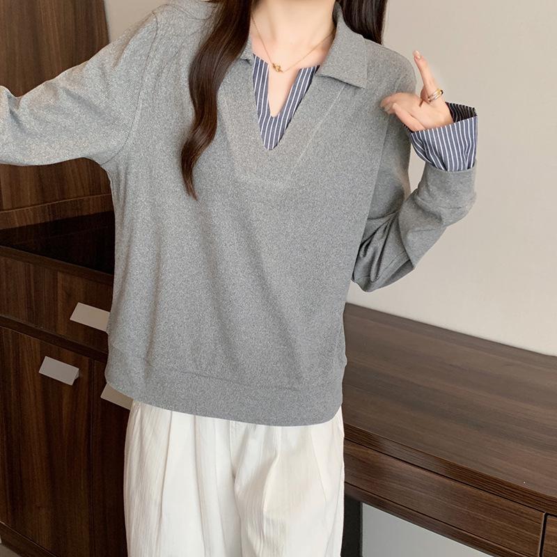 

2026 Spring Plus Size Women s Korean Color Block Striped Lapel Pullover Sweatshirt 4XL хізер сірий колір