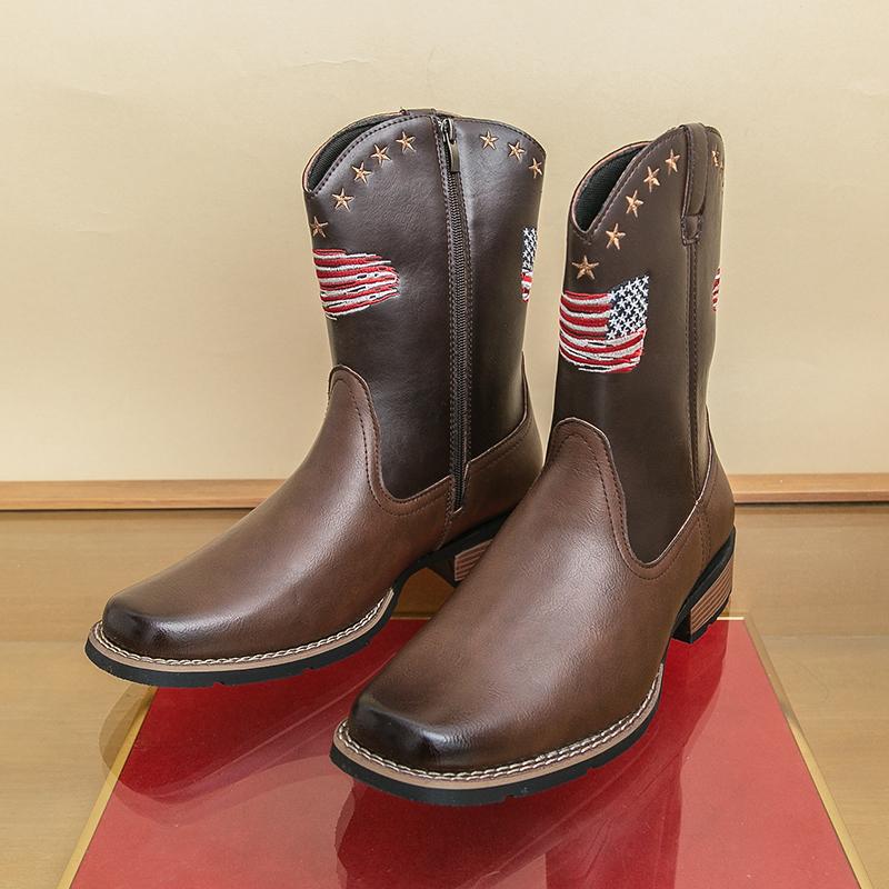 Men's Retro Western Cowboy Boots Fashion Usa Flag Patchwork Embroidery Mid-calf Leather Boot Designer Casual Shoes