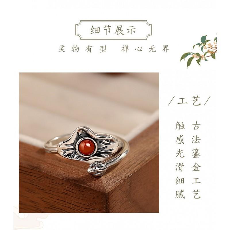 Adjustable Copper Ring With Natural Red Agate Lotus Flower Design Vintage Boho Statement Finger Women