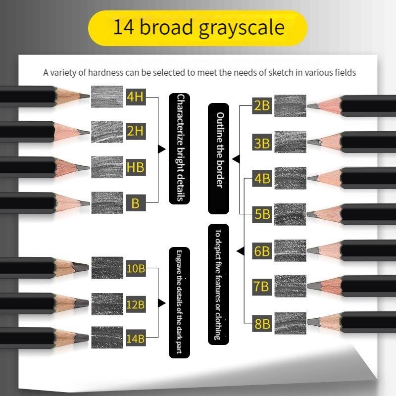 14Pcs Professional Sketch Pencil Kit HB 2H 4H B 2B 3B 4B 5B 6B 7B 8B 10B 12B 14B Graphite Art Hand-Painted Pen School Stationery