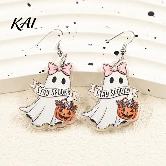 Pink Bow Pumpkin Drop Earrings 1 Pair Acrylic Ghost for Women, Halloween Cute Dangle Hypoallergenic Sensitive Ears with Bucket And Party Costume