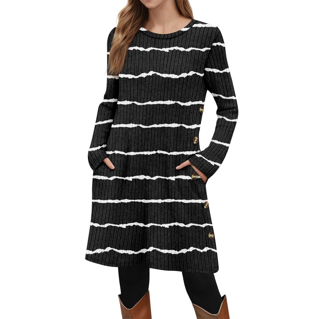 Women's Fashion Casual Long SleeveTunic Dress With Pockets Side Button Dress