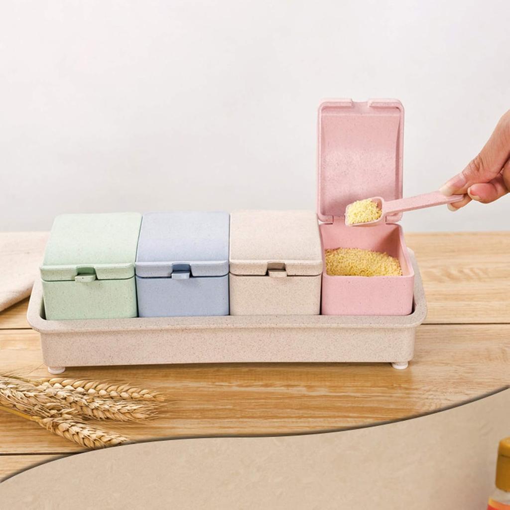 Condiment Containers with Lid and Spoon,Seasoning Box Condiment Jars with Spoons Seasoning Container for Kitchen and Home,Multicolors,Rice husk