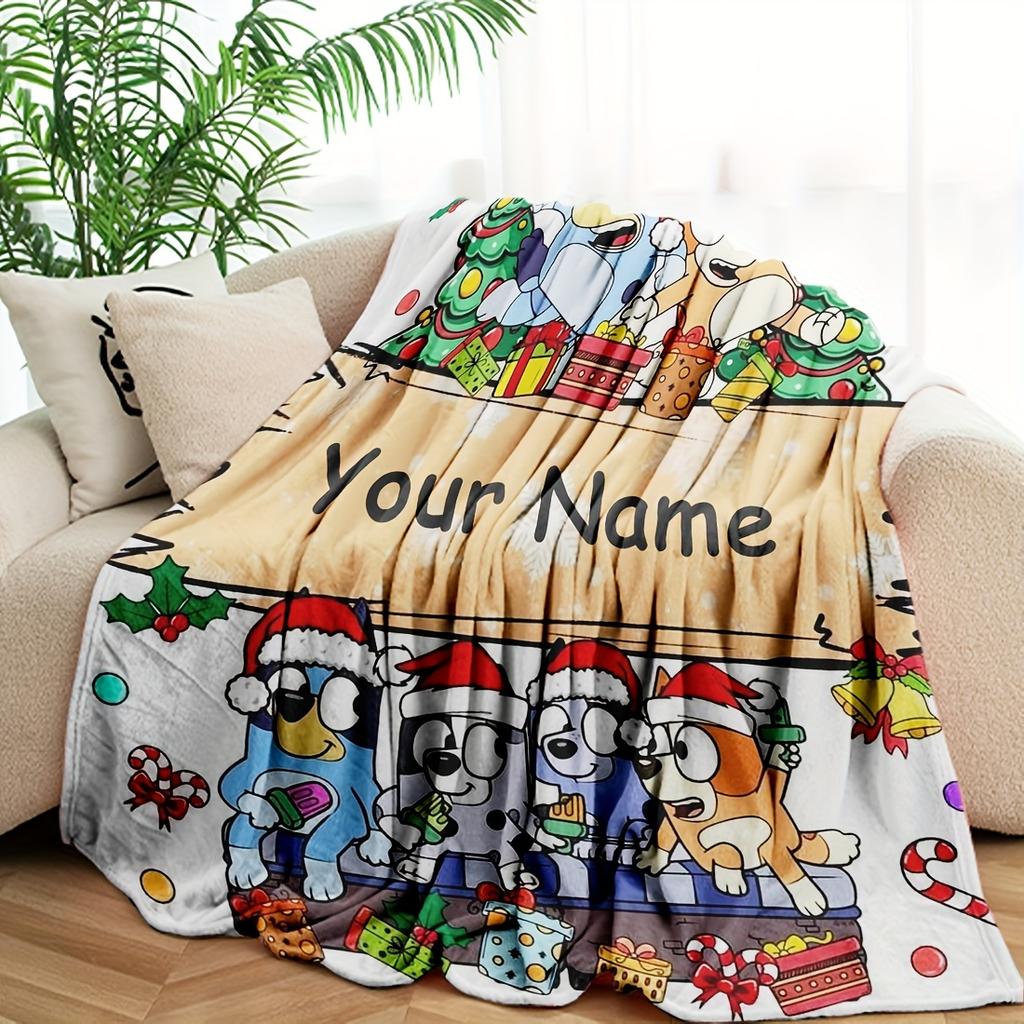 Customizable Name Flannel Blanket - Anime Dog Print Christmas All-Season, Machine Washable, Knitted Polyester, Cozy Warm