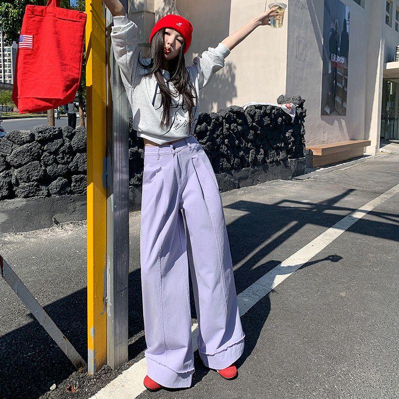 Autumn Winter Purple Vintage Drape Straight Relaxed Wide Leg Denim Pants For Women Casual Pants Oversize Denim Trousers