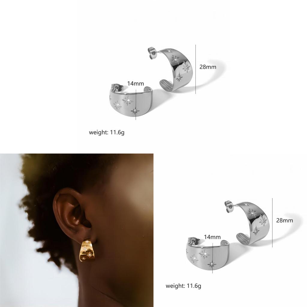 No Ip Category Stainless Steel Star Shaped Earrings With Cubic Zirconia For Women