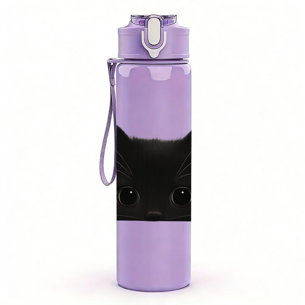 1PC Solid Black Cat Face Pattern 750ml Color Plastic Sports Water Bottle Leakproof Flip Straw Lid Suitable for Sports Office Home Use
