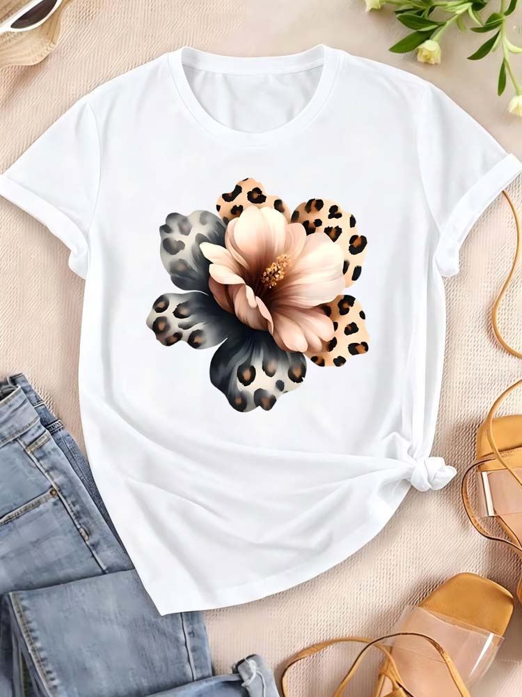 Watercolor Leopard Print Flower Women T-shirt Fashion Graphic Clothing Funny Harajuku T-shirt Female Clothes Tops