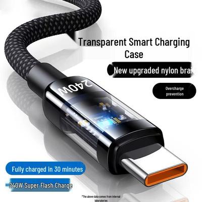 Câble de données USB-C à charge super rapide 240 W transparent pour chargeur flash Huawei Honor 10A