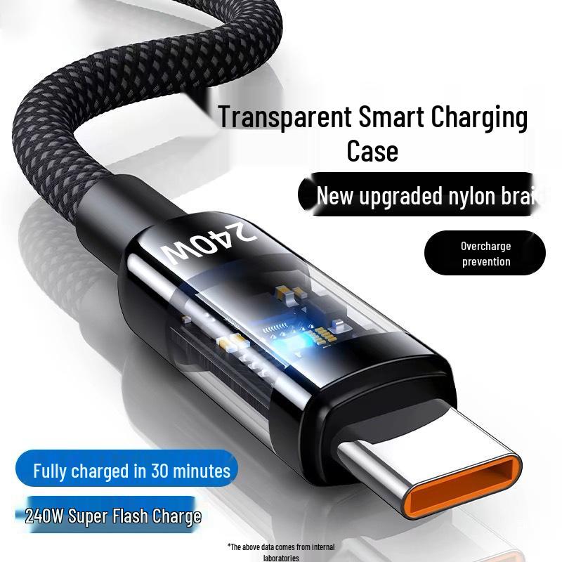 Clear 240W Super Fast Charging USB-C Data Cable for Huawei Honor 10A Flash Charger