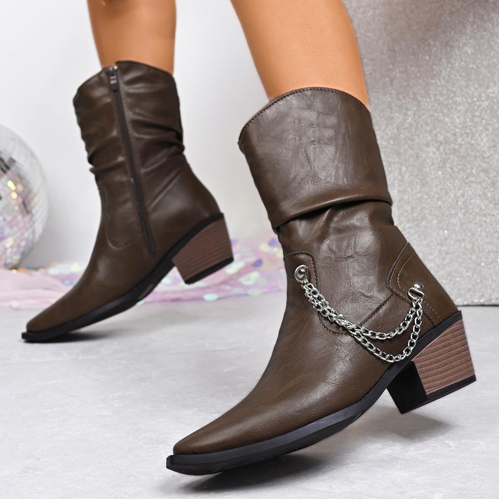 Fashion Vintage Pointed Toe High Heel Western Cowboy Boots Women 2025 Winter Comfort Side Zip Ankle Boots Metal Chain Designer Shoes