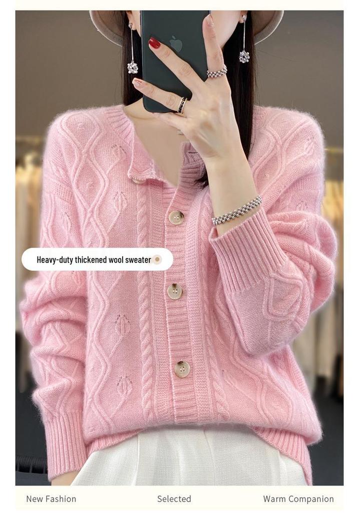 2023 Women's Cable Knit Wool Cardigan - 100% Pure, Loose Fit Autumn/Winter Outerwear
