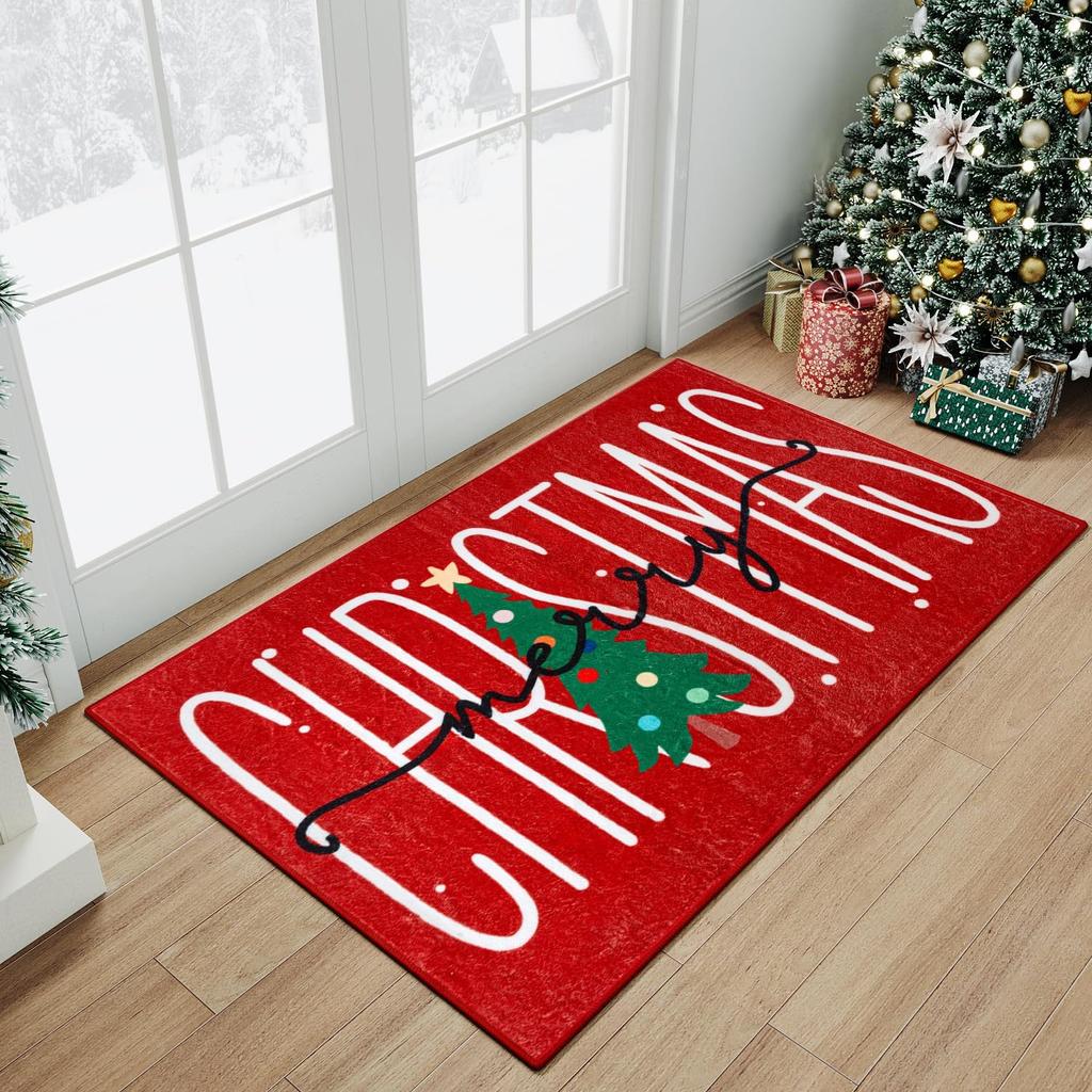 Christmas Large Area Rug Living Room Rug Machine Washable Rugs Low Pile Carpet Indoor Door Mat Red/White Non-Slip Snowflake Rug