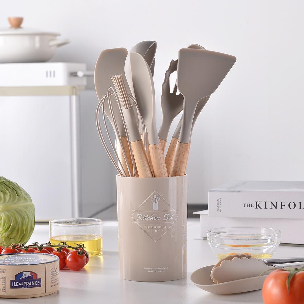 12PCS Food Grade Silicone Cookware Set Heat Resistant Ergonomic Kitchen Utensils Wooden Handle BPA-Free Baking Tools Set