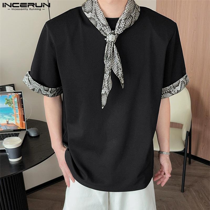 INCERUN Mens Tie Up Short Sleeve Leopard Stitching Casual T-shirts Tops