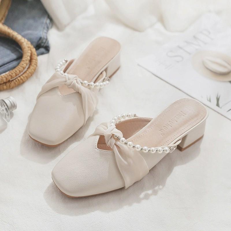 French Pearl Bowknot Women's Chunky Heel Slippers - 2025 Spring/Summer Collection