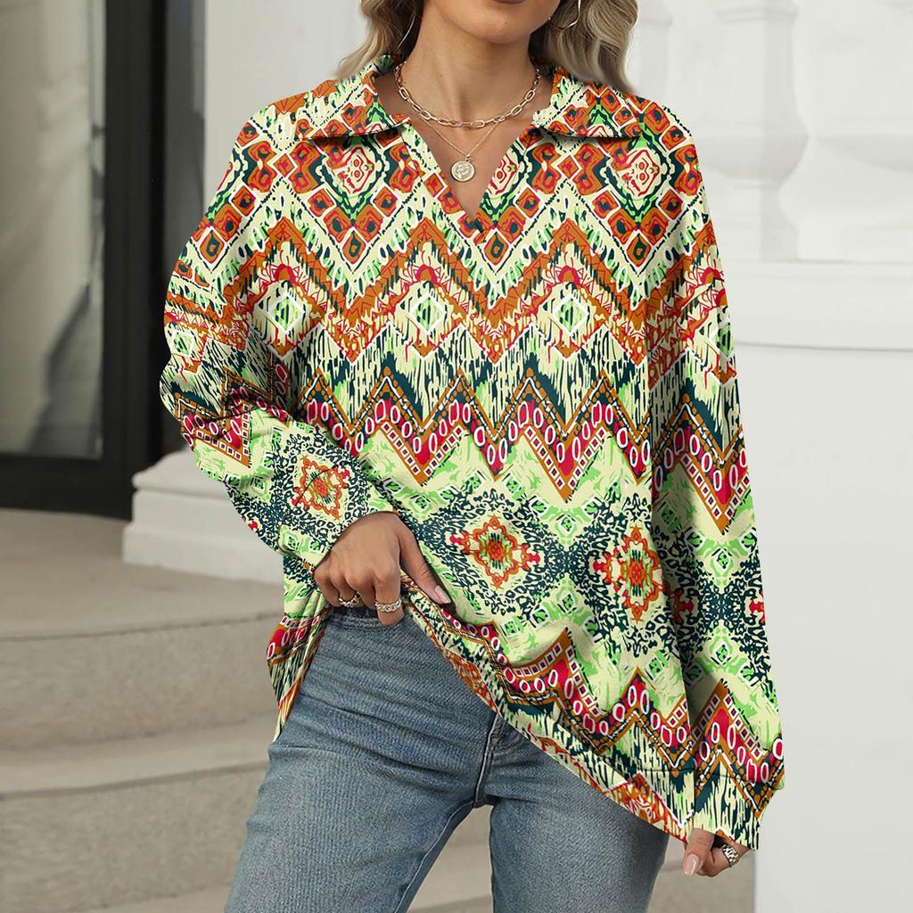 Women's Summer Fashion Casual  Printed V-Neck Long Sleeve Shirt Top