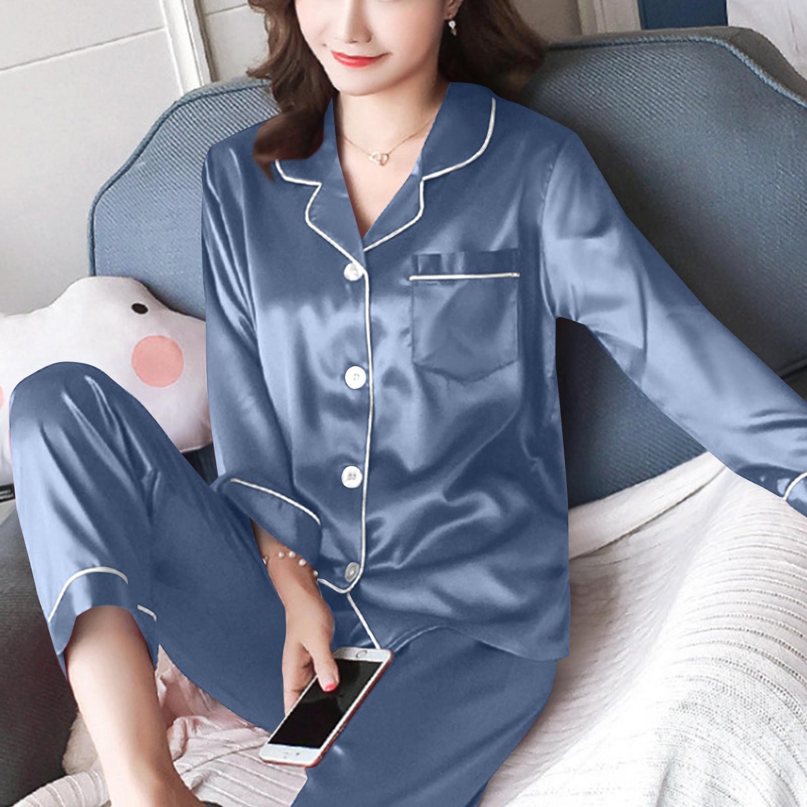 

Женский повседневный кардиган с длинным рукавом, пижамный комплект, домашняя одежда из шелка, комплект из двух предметов XL небесно-голубой