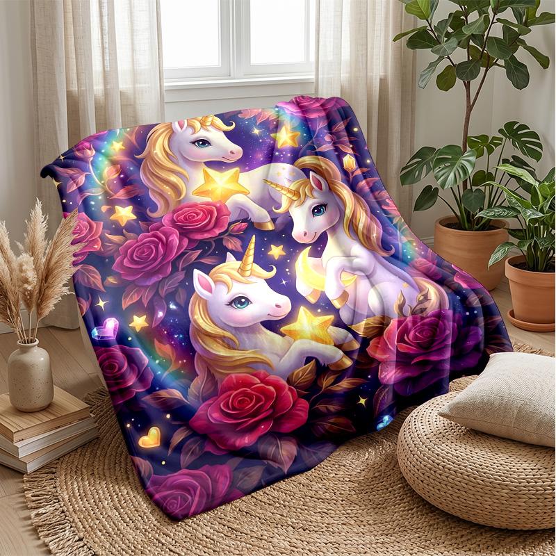 Magical Unicorn with Rainbow Theme Blanket Lightweight Warm Flannel Blanket Decorative Throw Blanket for Home Decoration