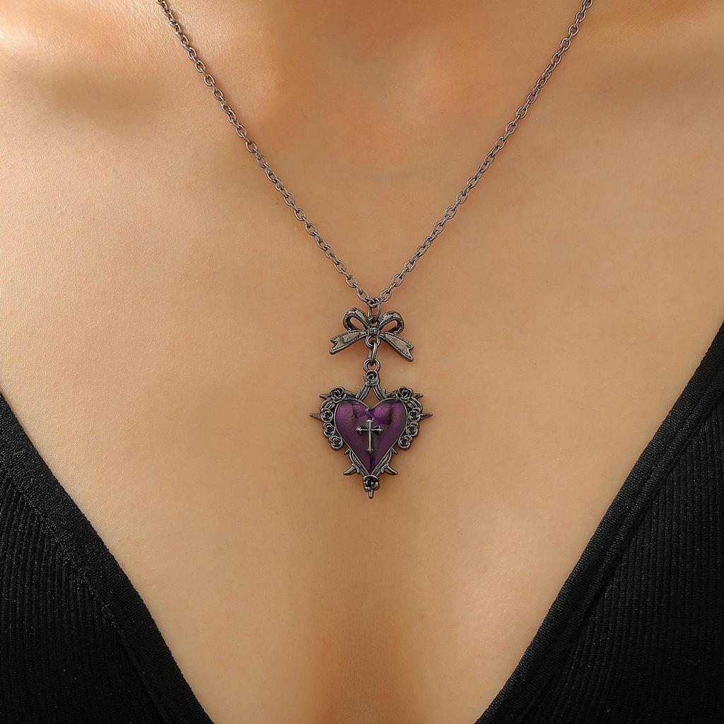Gothic Punk Court Retro Style Red Heart Shaped Collarbone Bow Cross Necklace Pendant