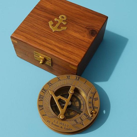 

Brass Sundial Compass with Wooden Box Nautical Decor Gift